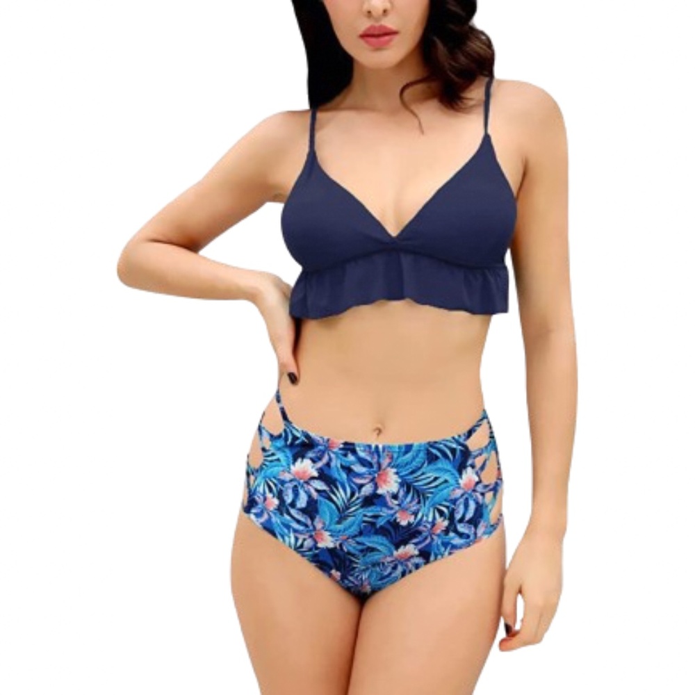 NWT Shekini Ruffle Triangle Bikini With High Waisted Bottoms Size L
